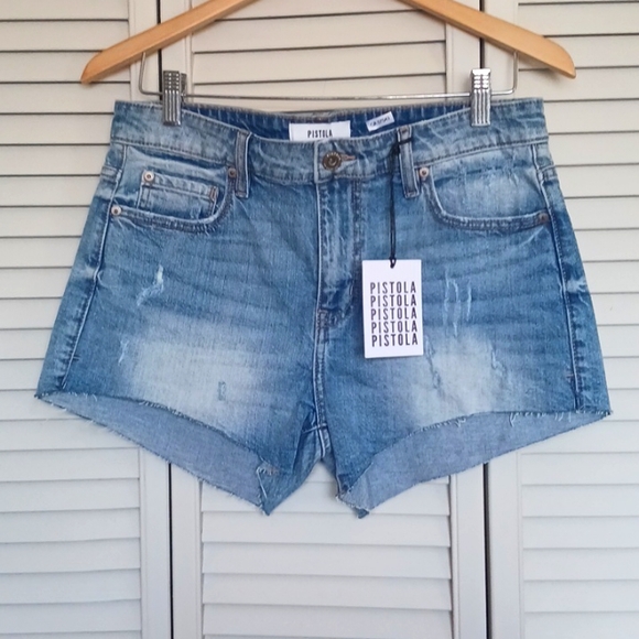 PISTOLA Light Wash, High Rise, Cut-off Denim Shorts, 29 - Picture 2 of 8